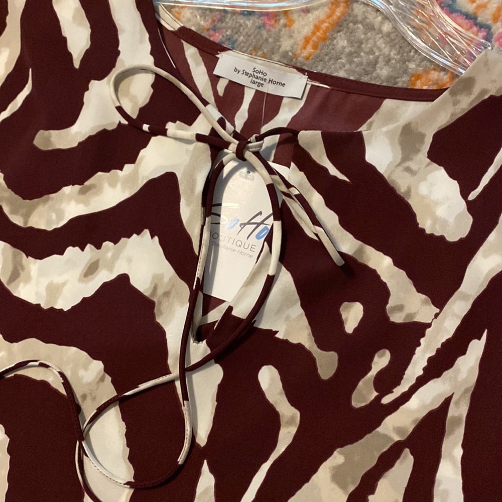 SOHO Brown Cream Zebra Print Kaftan mini dress V neck Short sleeve Resortwear LG - Picture 6 of 9